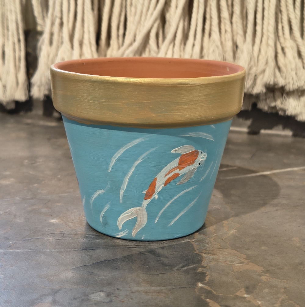 Hand-Painted Koi Flower Pot in Turquoise and Gold
